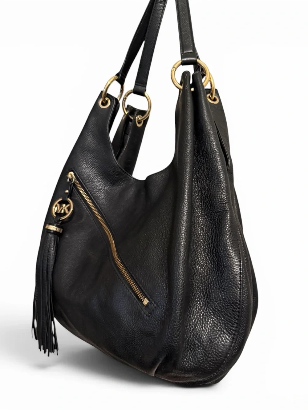 MICHAEL MICHAEL KORS Large  Black Pebble Leather Charm Tassel Hobo Shoulder Bag
